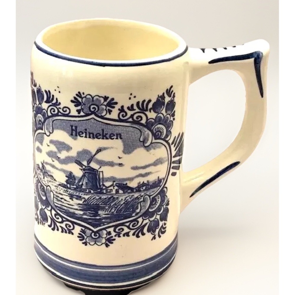 VTG Delft Mug Blue Hand Painted Windmill Cottage Shabby Coastal Decor Retro LRG